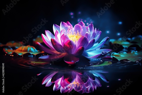 Beautiful pink water lily or lotus flower on dark background.Generative Ai