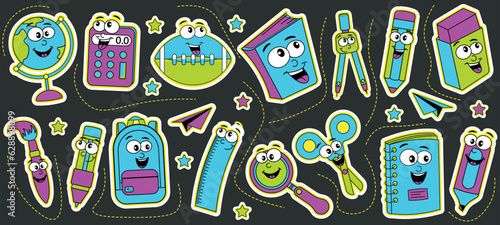 Back to school cool modern stickers in retro 80s, 90s style. Psychedelic design elements for school subjects. Vector illustration.