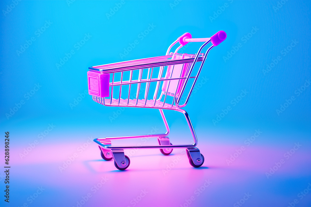 Empty metal shopping cart, trolley on neon background. Cyber Monday sale concept. Generative AI