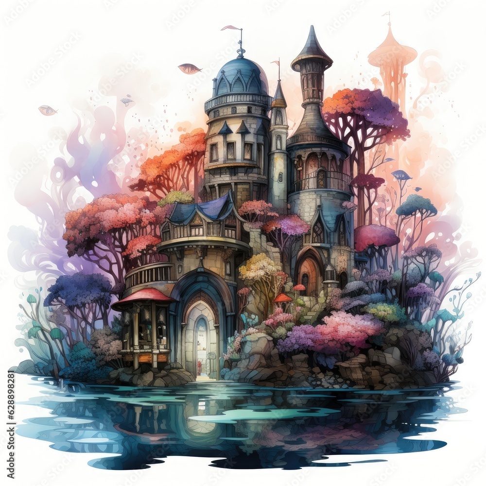 Magical Underwater Wizard s Tower Watercolor Clipart Magical Underwater Wizard s Tower Watercolor Clipart