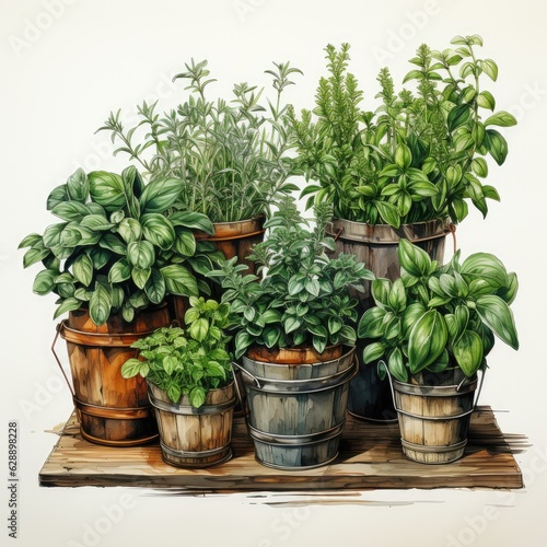 Herb Pots Clipart with Basil, Rosemary, and Thyme
