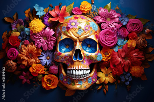 Catrina skull in flowers for Mexican Day of Dead, Muertos. Generative AI