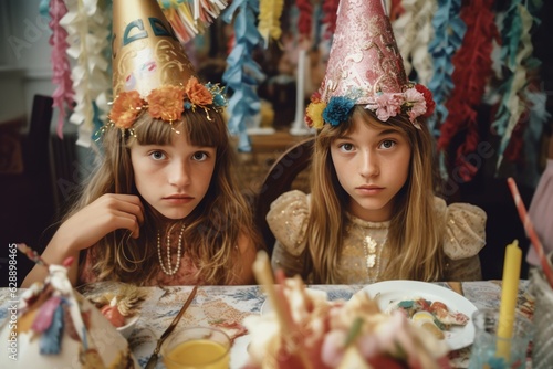 Two girls wearing festive hats, sitting at a dining table enjoying a meal Fictional Character Created By Generative AI