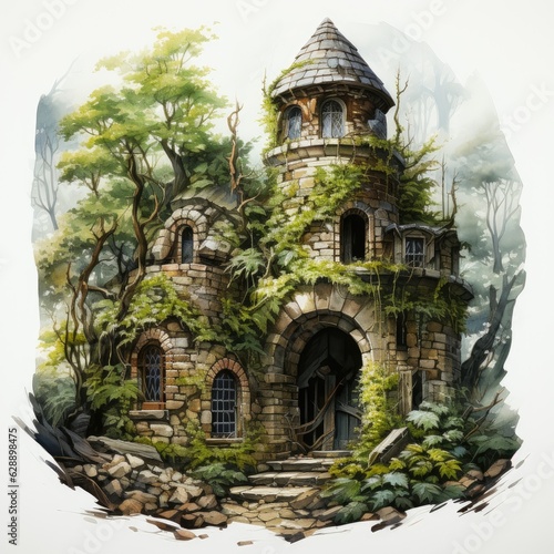Crumbling Wizard s Tower with Magical Elements Watercolor Clipart © Usablestores