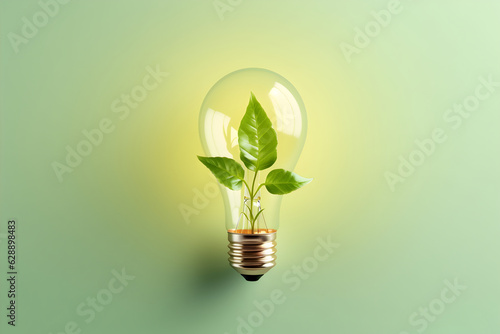 Eco friendly light bulb with fresh leaves inside it, green background, Renewable Energy and Sustainable Living concept 
