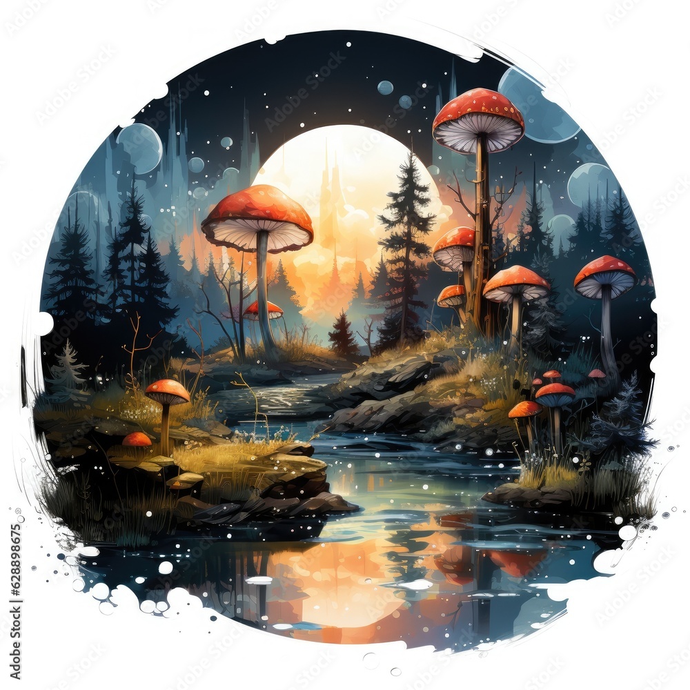 Moonlit Lake with Glowing Mushrooms Watercolor Clipart