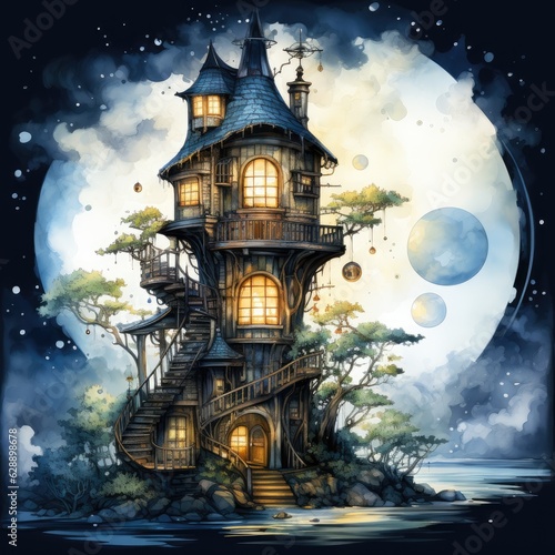 Whimsical Wizard s Tower Watercolor Clipart