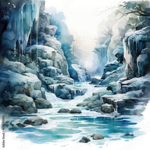 Enchanted Waterfall in Frozen Realm Watercolor Clipart