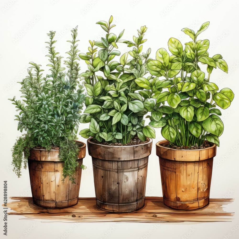 Herb Pots with Basil, Rosemary, and Thyme Watercolor Clipart