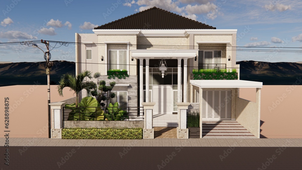 Obraz premium 3D render of a white modern house at the road with lush green trees in the yard