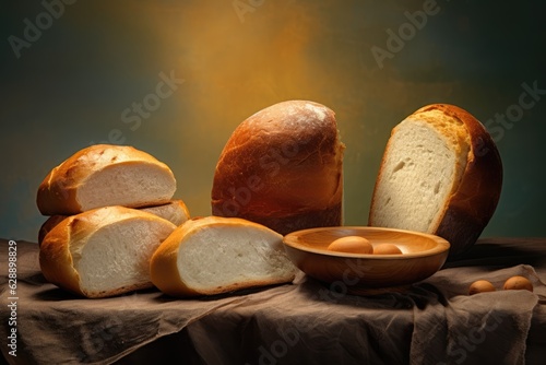 Various loaves of bread and bowl on table