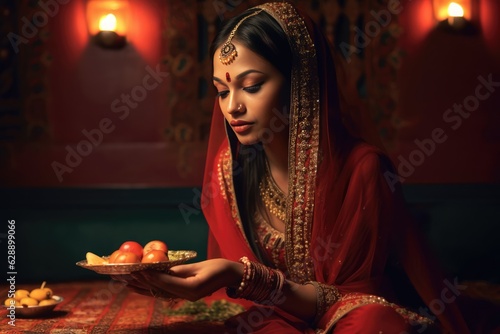 Fototapeta Naklejka Na Ścianę i Meble -  Beautiful Indian woman in traditional attire offering a plate of food Fictional Character Created By Generative AI.
