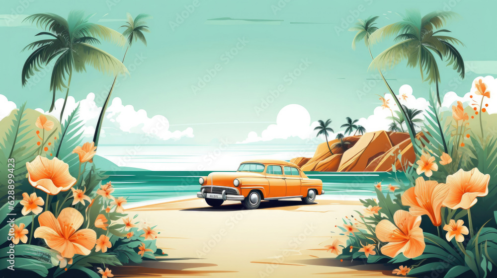 a car on a paradise beach in the caribbean. summer vacation concept. Generative AI