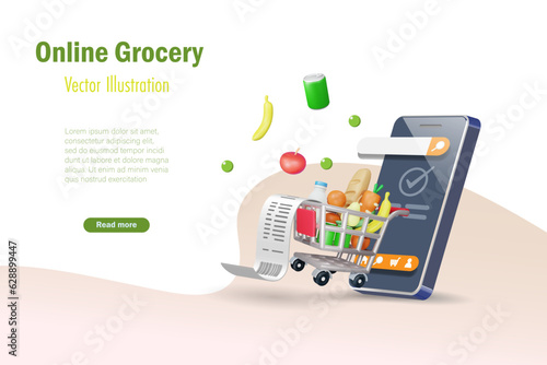 Online grocery and delivery. Grocery products and bill receipt in shopping trolley cart on smartphone app. Foods and drink, E-commerce, internet mobile application, wireless technology. 3D vector.