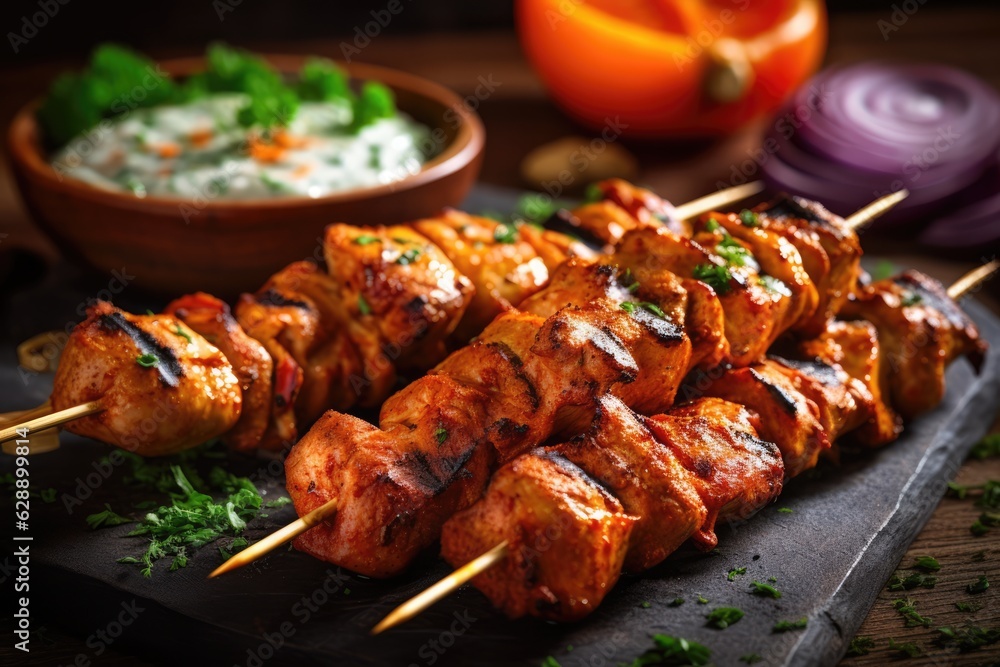 Juicy marinated kebab sticks with vegetables and meat