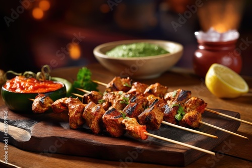 Juicy marinated kebab sticks with a variety of vegetables