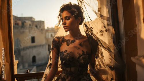 Fashion shoot of a young bride wearing haute couture vintage lace wedding dress, on a rooftop in Italy at sunset in the summer. photo