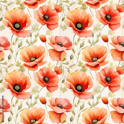floral seamless pattern with watercolor red poppies on white background