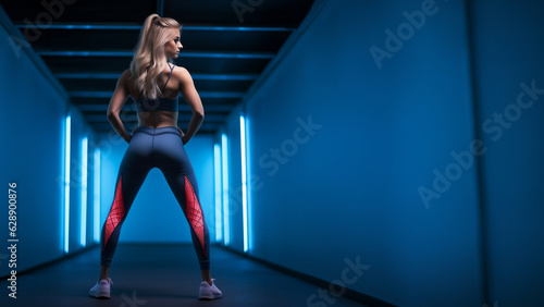H  bsche durchtranierte Frau im sexy Sport Outfit mit im dunklen Licht  ai generativ