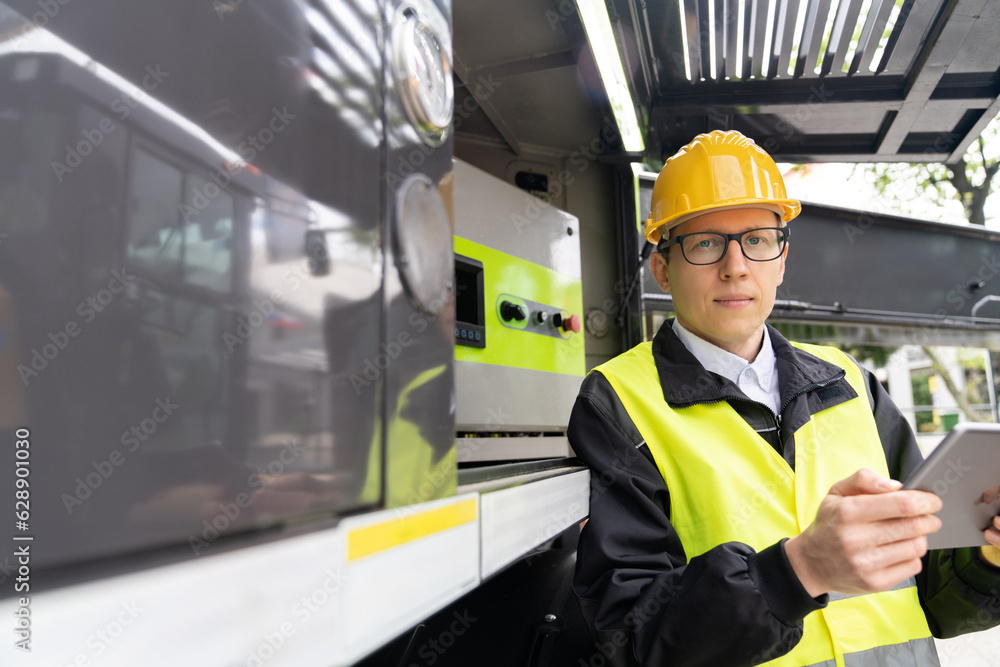 Worker with digital tablet operating construction machine equipment. Worker with digital tablet operating construction machine equipment.