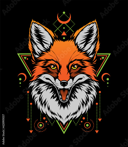 Cute red fox portrait, vector illustration on black background