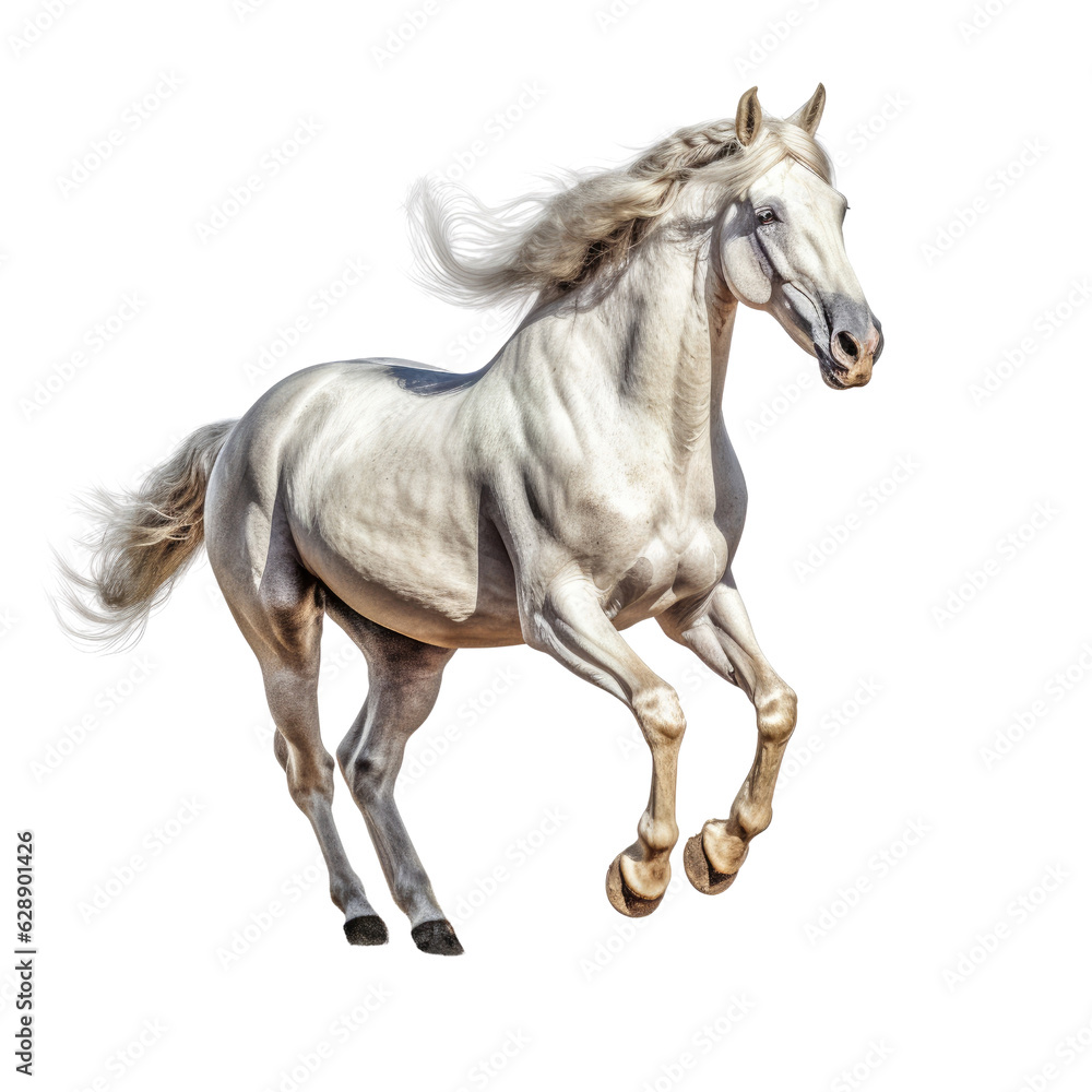 A majestic white horse galloping against a dramatic isolated background. Isolated background. Transparent PNG. Generative AI