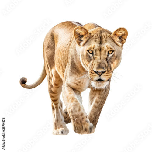 A majestic lion walking against a stark isolated background. Isolated background. Transparent PNG. Generative AI