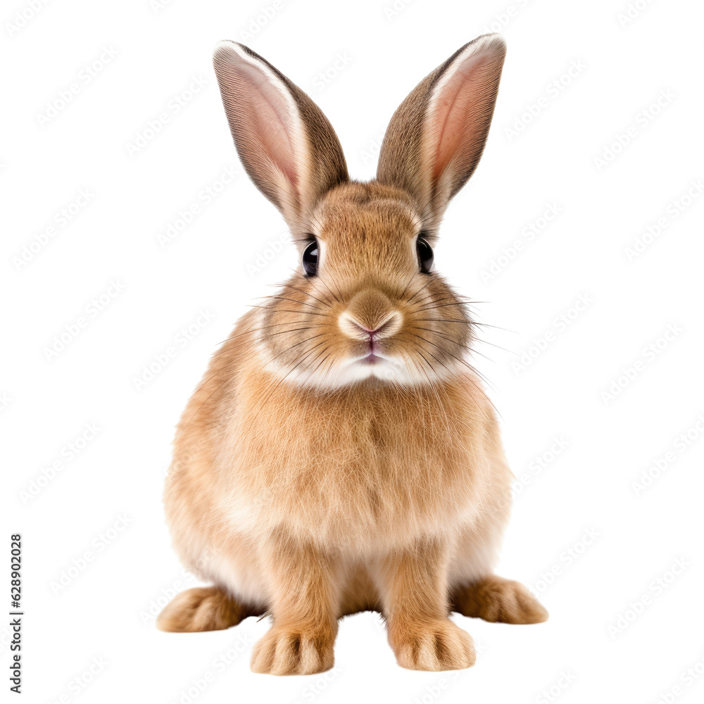 A cute brown rabbit sitting on a white floor. Isolated background. Transparent PNG. Generative AI