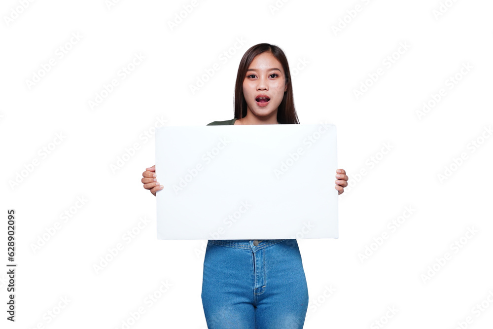 Beautiful Asian woman holding an empty board and shocked Beautiful Asian woman holding an empty board and shocked