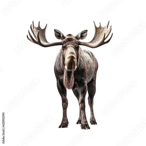 A majestic moose making eye contact with the camera in the wilderness. Isolated background. Transparent PNG. Generative AI