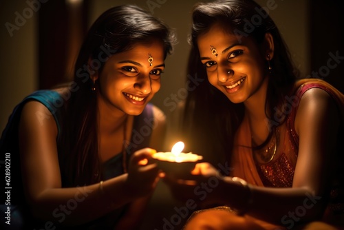 Two Women Holding a Lighted Diya (Candle) Fictional Character Created By Generative AI.