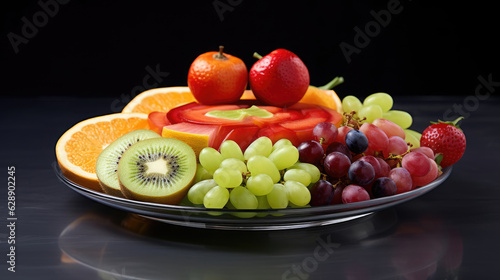 Small plate of assorted cut fruits gray background, Background, Food HD, Generative Ai