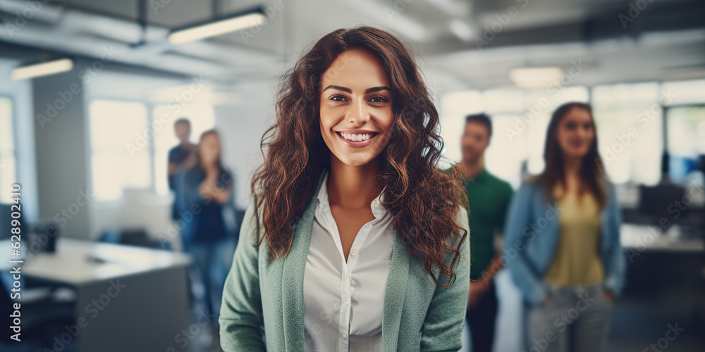 Portrait of a smiling young businesswoman in the office. Work partners in the background. Generative AI Portrait of a smiling young businesswoman in the office. Work partners in the background. Generative AI