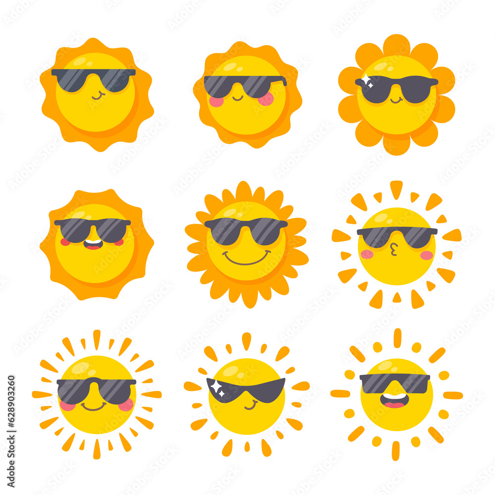 smiling sun cartoon wearing sunglasses summer travel concept protection from sun rays