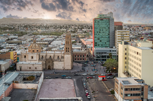 Chihuahua Cathedral and Plaza under Cloudy Skies