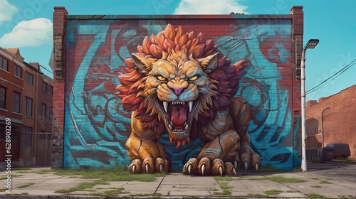 Tela Graffiti of a lion coming out of a wall. Generative AI