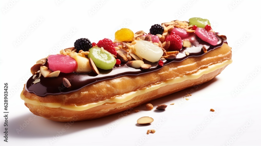 Eclair with filling and icing covered with berries. Cake in the form of a tube of choux pastry, covered with fondant, stuffed with custard. Delicious baked goods at the bakery. Generative AI
Eclair with filling and icing covered with berries. Cake in the form of a tube of choux pastry, covered with fondant, stuffed with custard. Delicious baked goods at the bakery. Generative AI