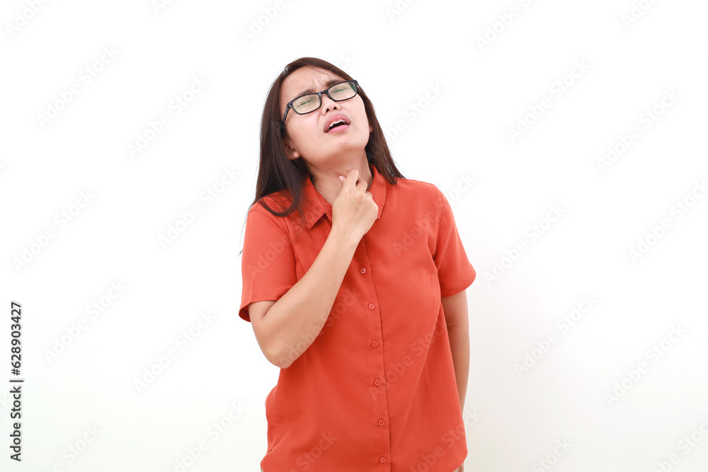 Asian woman suffering from sore throat. Isolated on white Asian woman suffering from sore throat. Isolated on white