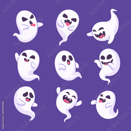 Collection of ghosts in white robes with scary faces. for decoration on Halloween