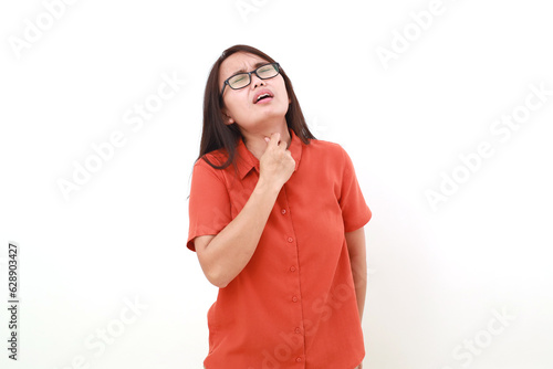 Asian woman suffering from sore throat. Isolated on white