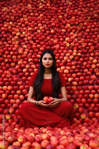 Beautiful woman in red dress sitting amidst apple blossoms Fictional Character Created By Generative AI.