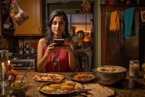 A woman engrossed in her cell phone amidst a table full of delicious food. Fictional Character Created By Generative AI.