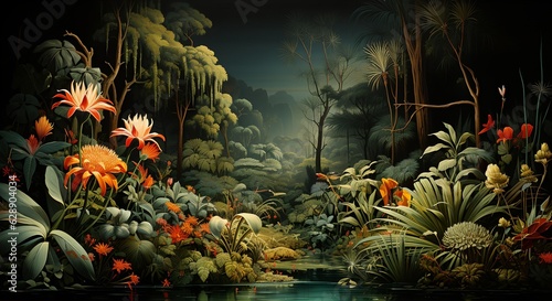 Fototapeta Naklejka Na Ścianę i Meble -  An oil painting trees, plants and flowers, generative ai