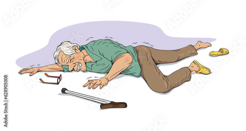 Elderly people who fall and get injured cartoon character. fall prevention illustration, illustration vector cartoon.