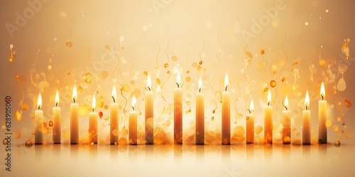 birthday candles with bokeh lights and confetti on yellow and orange background .