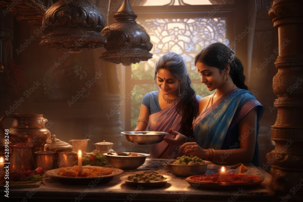 Two women preparing a meal in a kitchen Fictional Character Created By Generative AI.