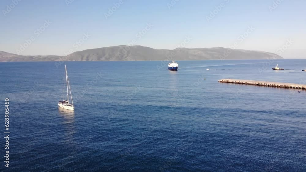 Aerial view of Vlora bay. yachts at anchor. Morning landscape of Vlora bay