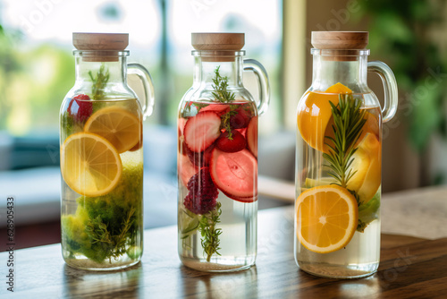 Detox fruit infused water. Refreshing summer homemade cocktail, selective focus.