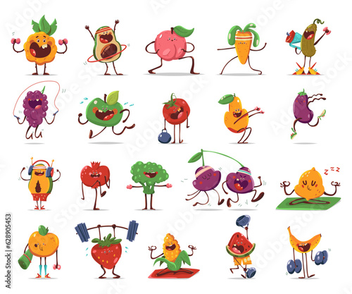 Cute fruits and vegetables doing fitness exercises vector cartoon characters set isolated on a white background.