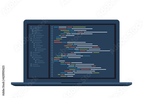 Computer software coding vector concept. Programming coding script java, digital program code on laptop screen. Vector illustration.